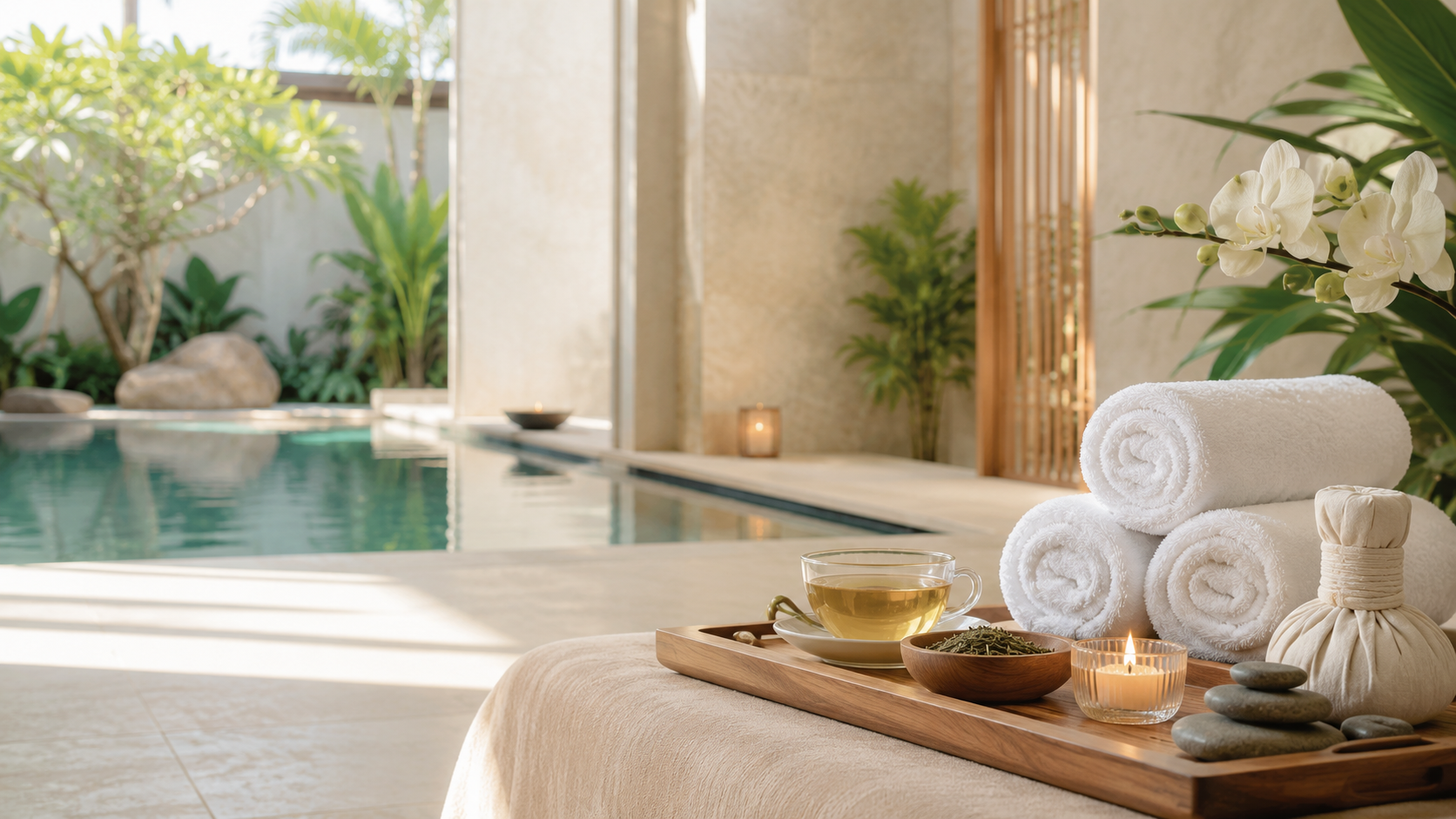 Luxusní spa s výhledem na bazén